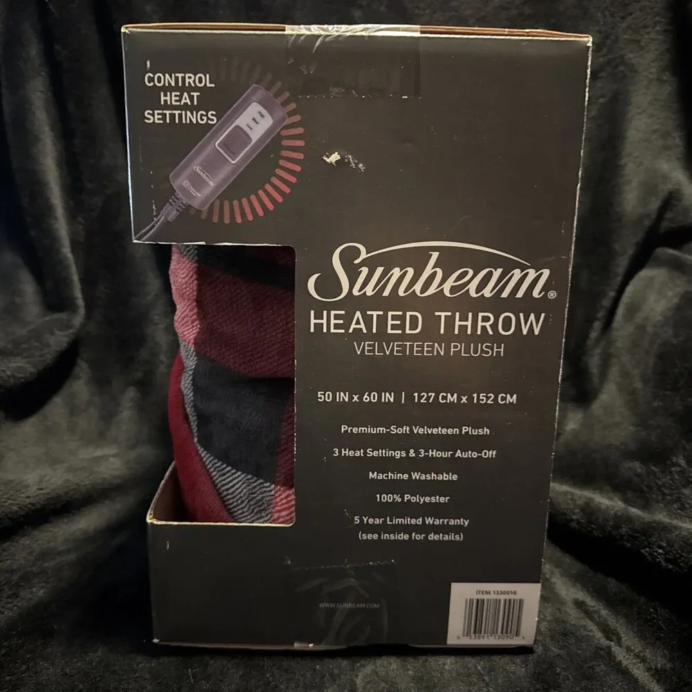 Sunbeam Velveteen Plush Heat Throw Red 50x60 Electric Blanket 3 Heat Setting